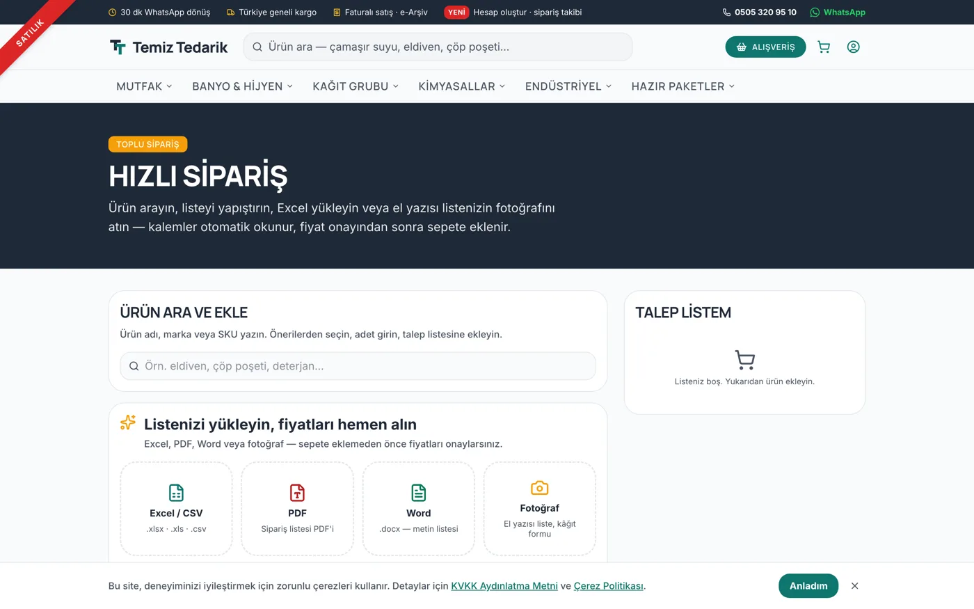 temiztedarik.com hızlı sipariş sayfası — Excel, PDF, Word veya fotoğraf yükleyerek toplu sipariş