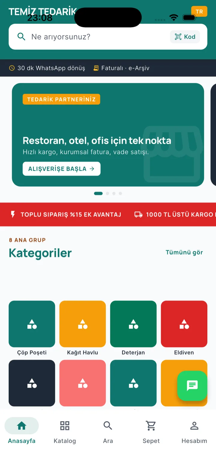 temiztedarik mobil uygulaması — ana ekran: kategoriler, kampanya ve arama