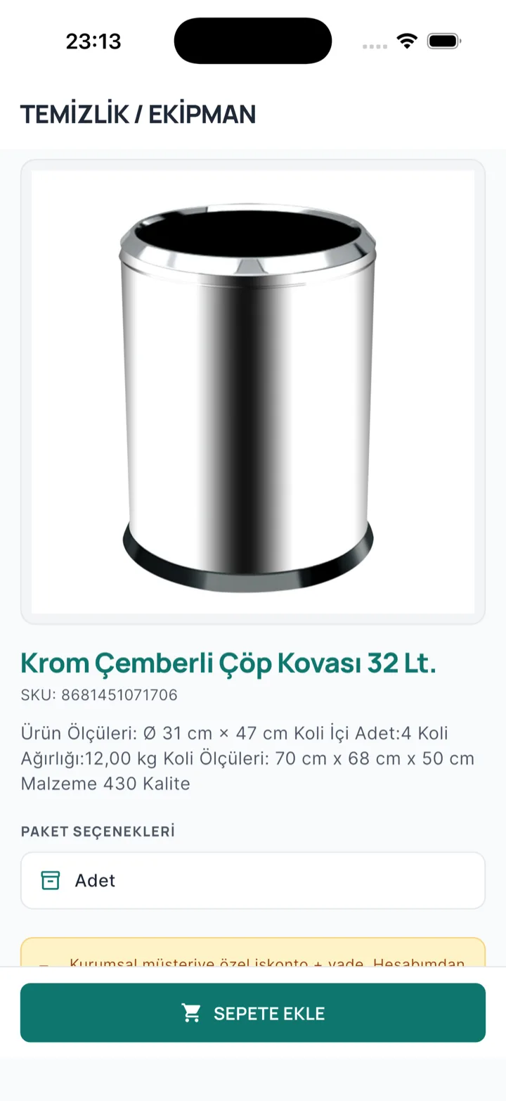 temiztedarik mobil uygulaması — ürün detayı: görsel, ölçüler ve sepete ekle