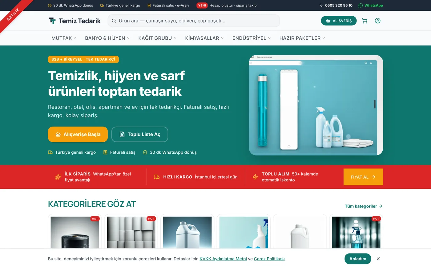 temiztedarik.com ana sayfası — temizlik, hijyen ve sarf ürünleri toptan tedarik e-ticaret sitesi